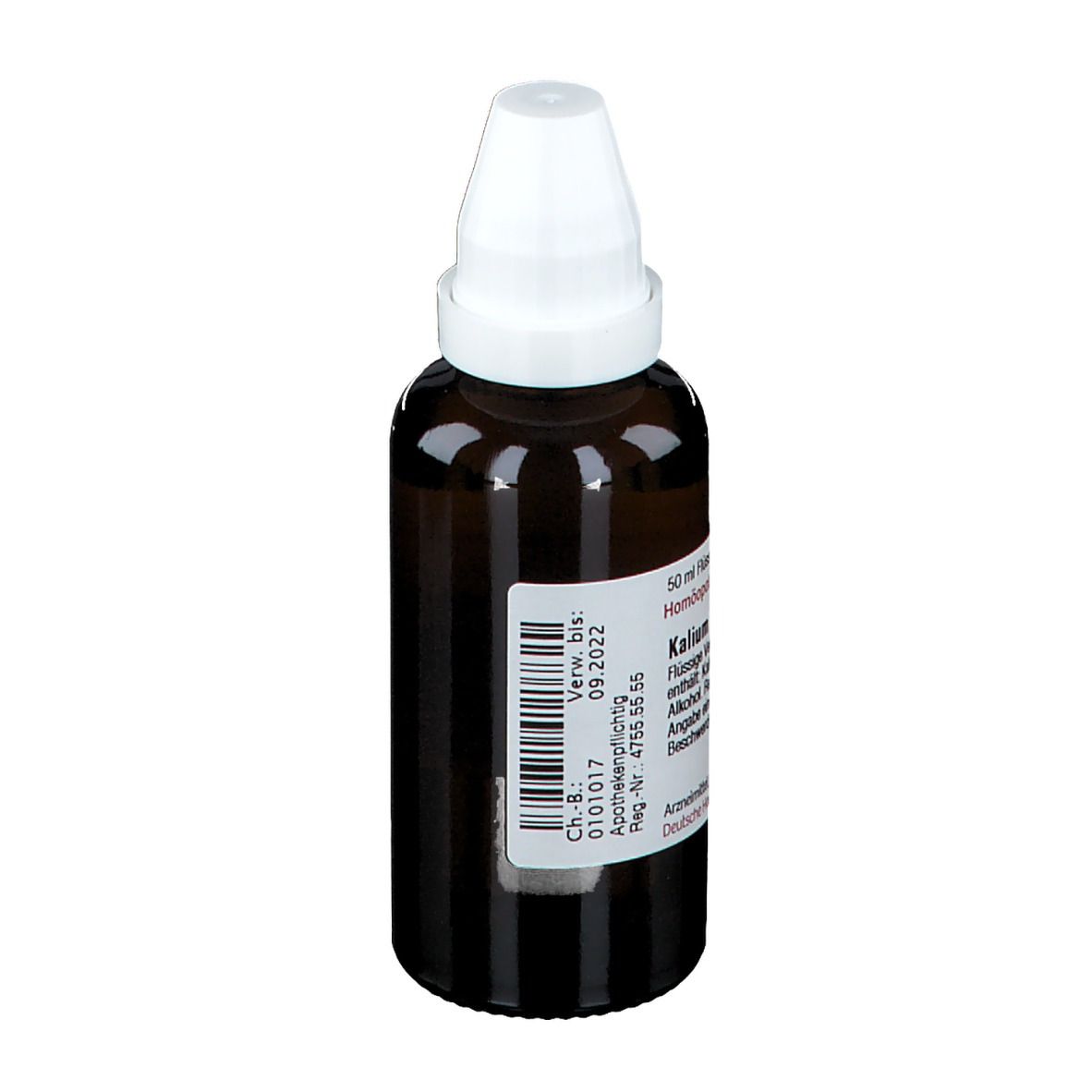 Braune Glasflasche mit weißem Verschluss. Beschriftung: Kalium bichromicum D6. Flüssige Verdünnung.