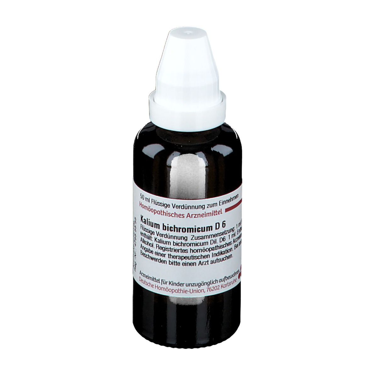 Braune Glasflasche mit weißem Verschluss. Beschriftung: Kalium bichromicum D6. Flüssige Verdünnung.