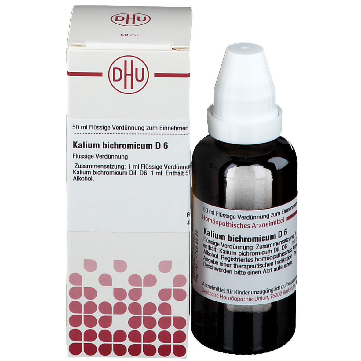 Produktflasche und Verpackung. Beschriftung: DHU, Kalium bichromicum D6. Flüssige Verdünnung.