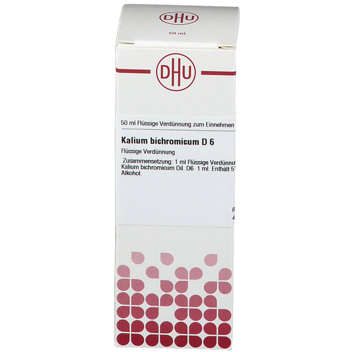 Produktverpackung. Beschriftung: DHU, Kalium bichromicum D6. Flüssige Verdünnung.