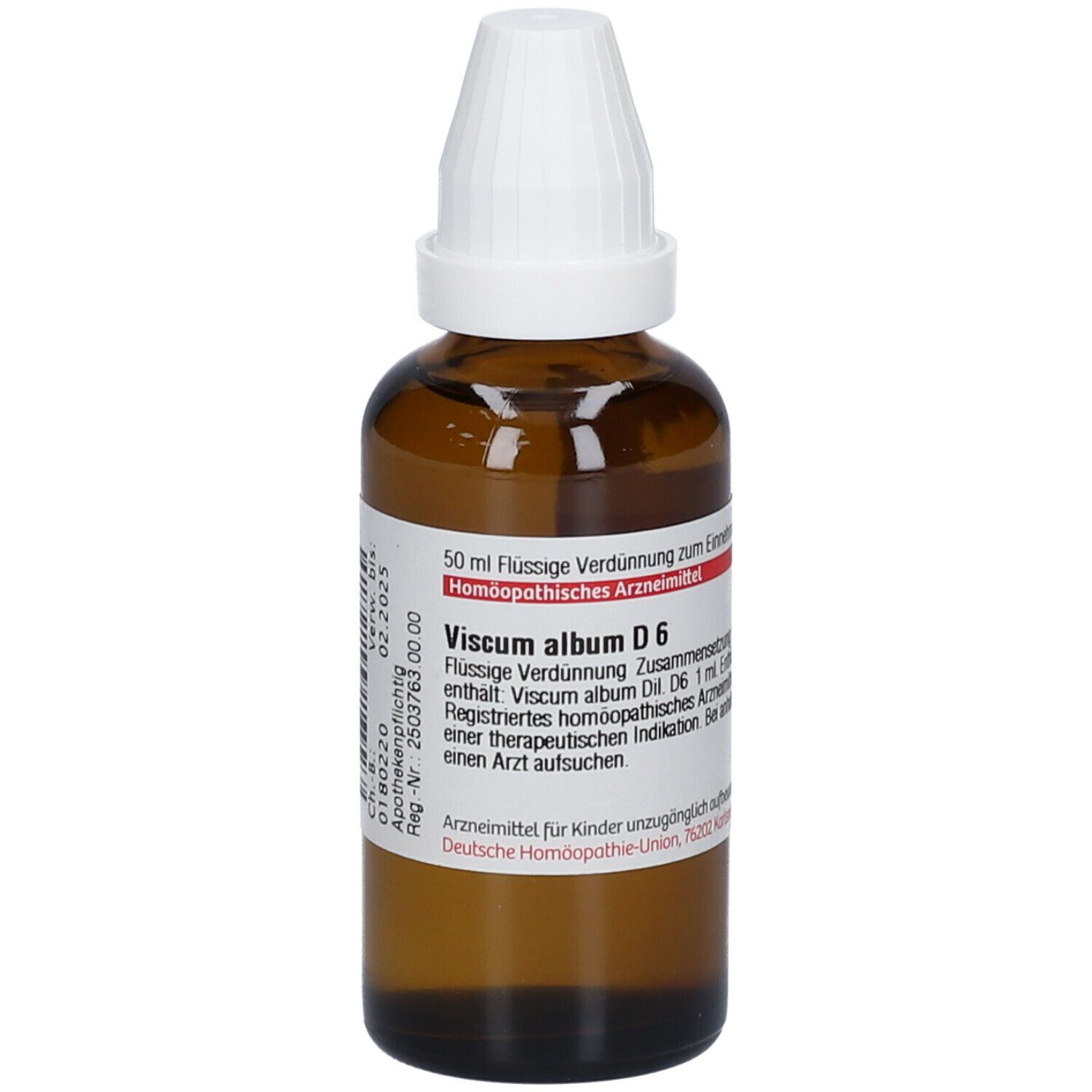 Braune Glasflasche mit weißem Verschluss. Beschriftung: Viscum album D6, 50 ml Flüssige Verdünnung. Deutsche Homöopathie-Union.