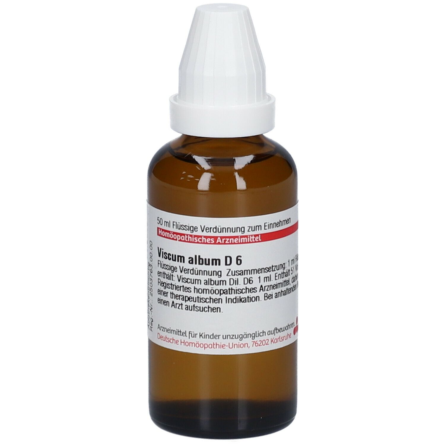 Braune Glasflasche mit weißem Verschluss. Beschriftung: Viscum album D6, 50 ml Flüssige Verdünnung. Deutsche Homöopathie-Union.