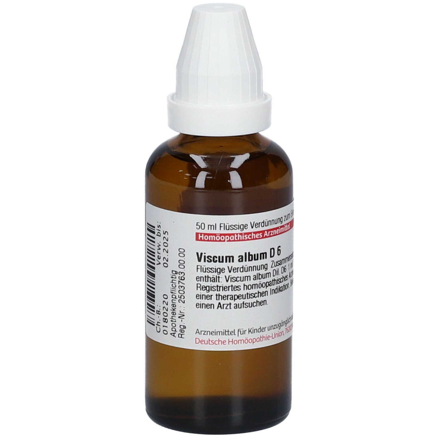 Braune Glasflasche mit weißem Verschluss. Beschriftung: Viscum album D6, 50 ml Flüssige Verdünnung. Deutsche Homöopathie-Union.