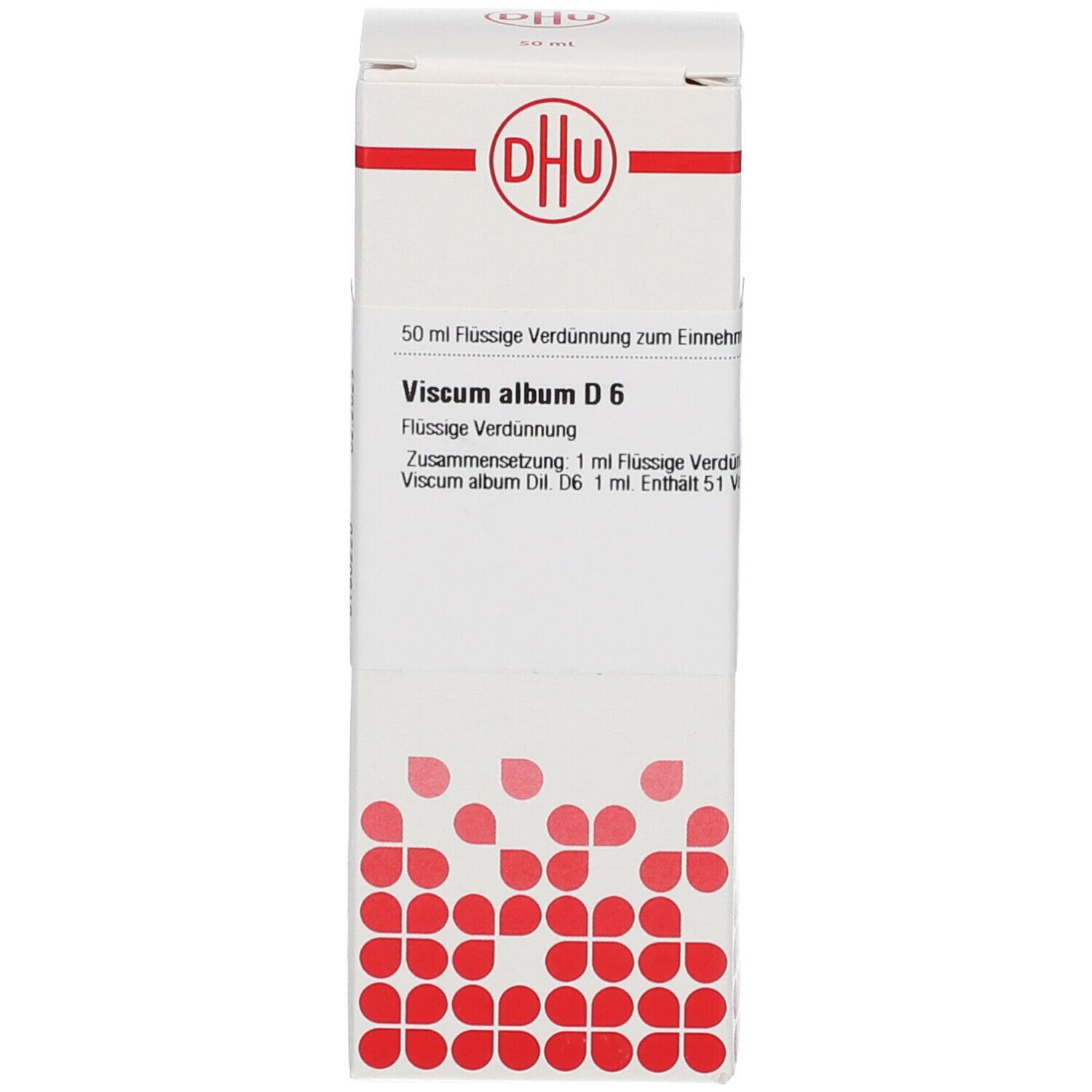 Weiße Faltschachtel mit DHU-Logo. Beschriftung: Viscum album D6, 50 ml Flüssige Verdünnung. Deutsche Homöopathie-Union.