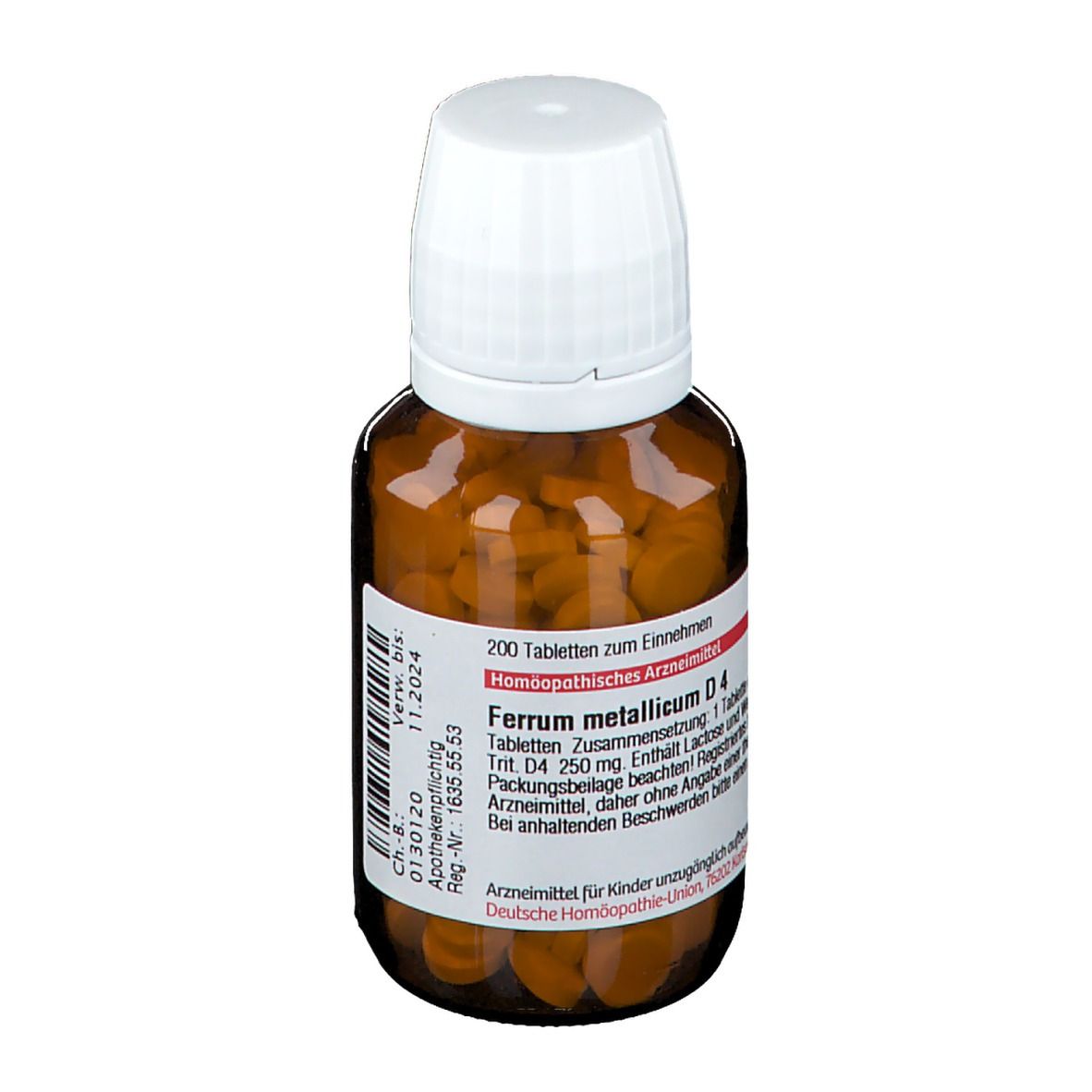 Braune Tabletten in einer braunen Glasflasche mit weißem Deckel. Auf dem Etikett steht "Ferrum metallicum D4".