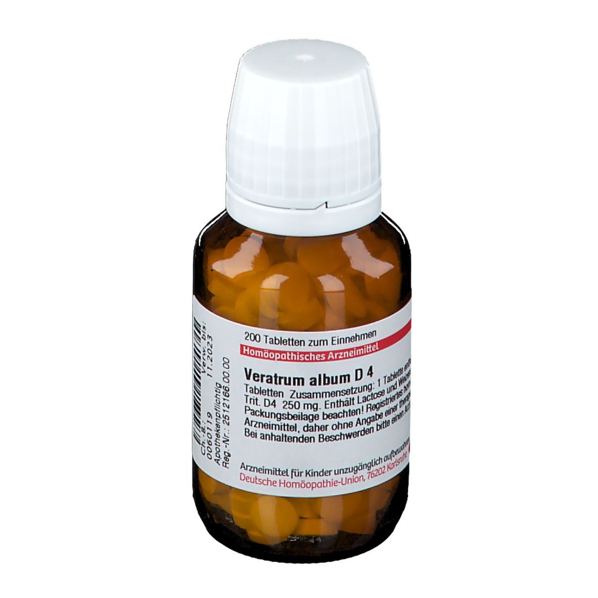 Braune Glasflasche mit weißen Deckel, gefüllt mit Tabletten. Etikett mit Produktinformationen: Veratrum album D4.
