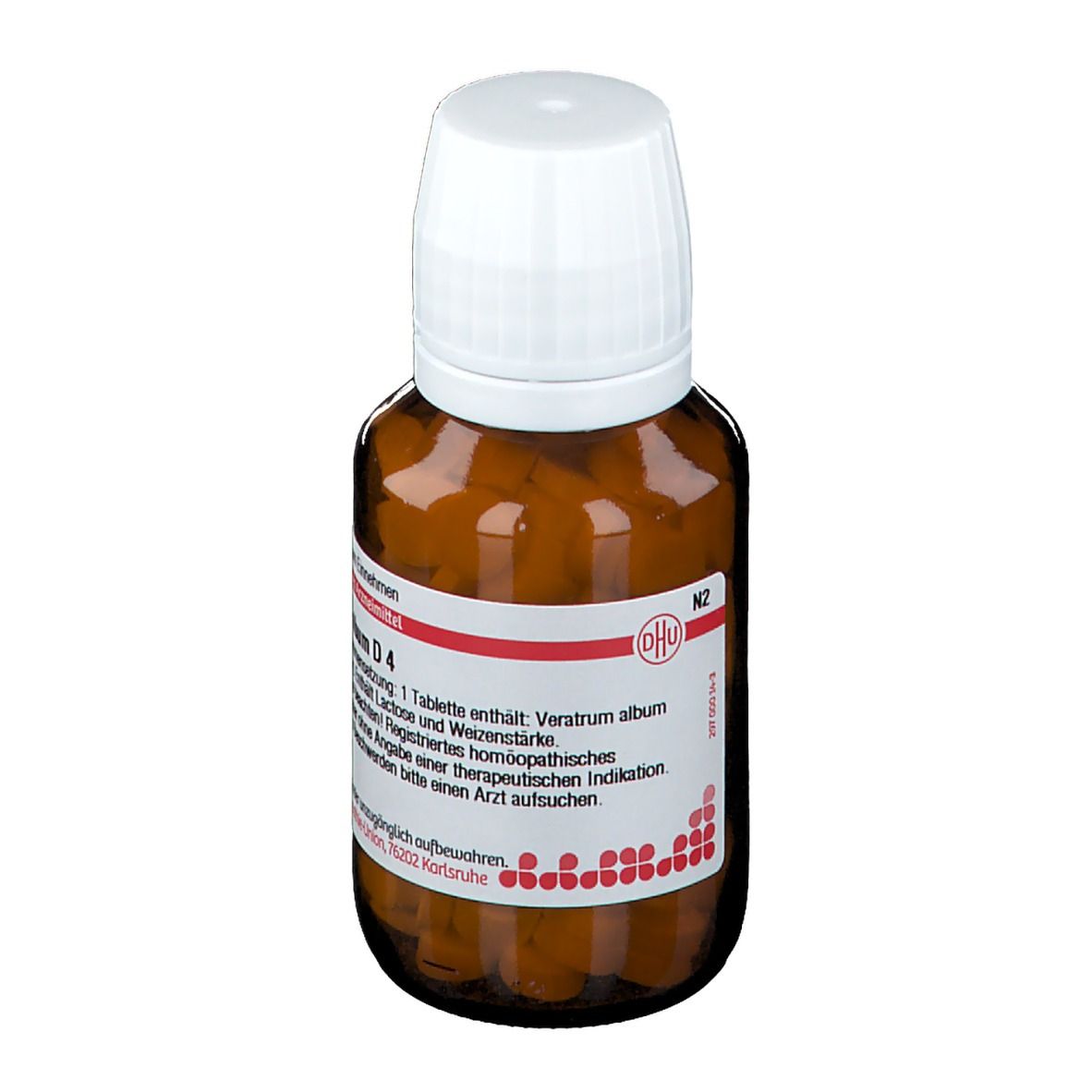 Braune Glasflasche mit weißen Deckel, gefüllt mit Tabletten. Etikett mit Produktinformationen: Veratrum album D4.