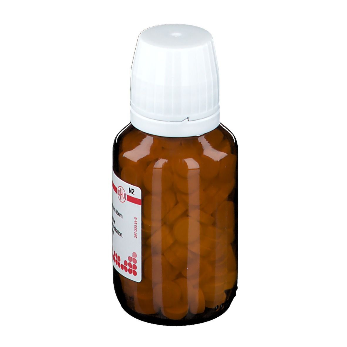 Braune Glasflasche mit weißen Deckel, gefüllt mit Tabletten. Etikett mit Produktinformationen: Veratrum album D4.