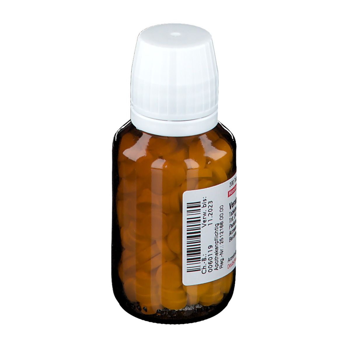 Braune Glasflasche mit weißen Deckel, gefüllt mit Tabletten. Etikett mit Produktinformationen: Veratrum album D4.
