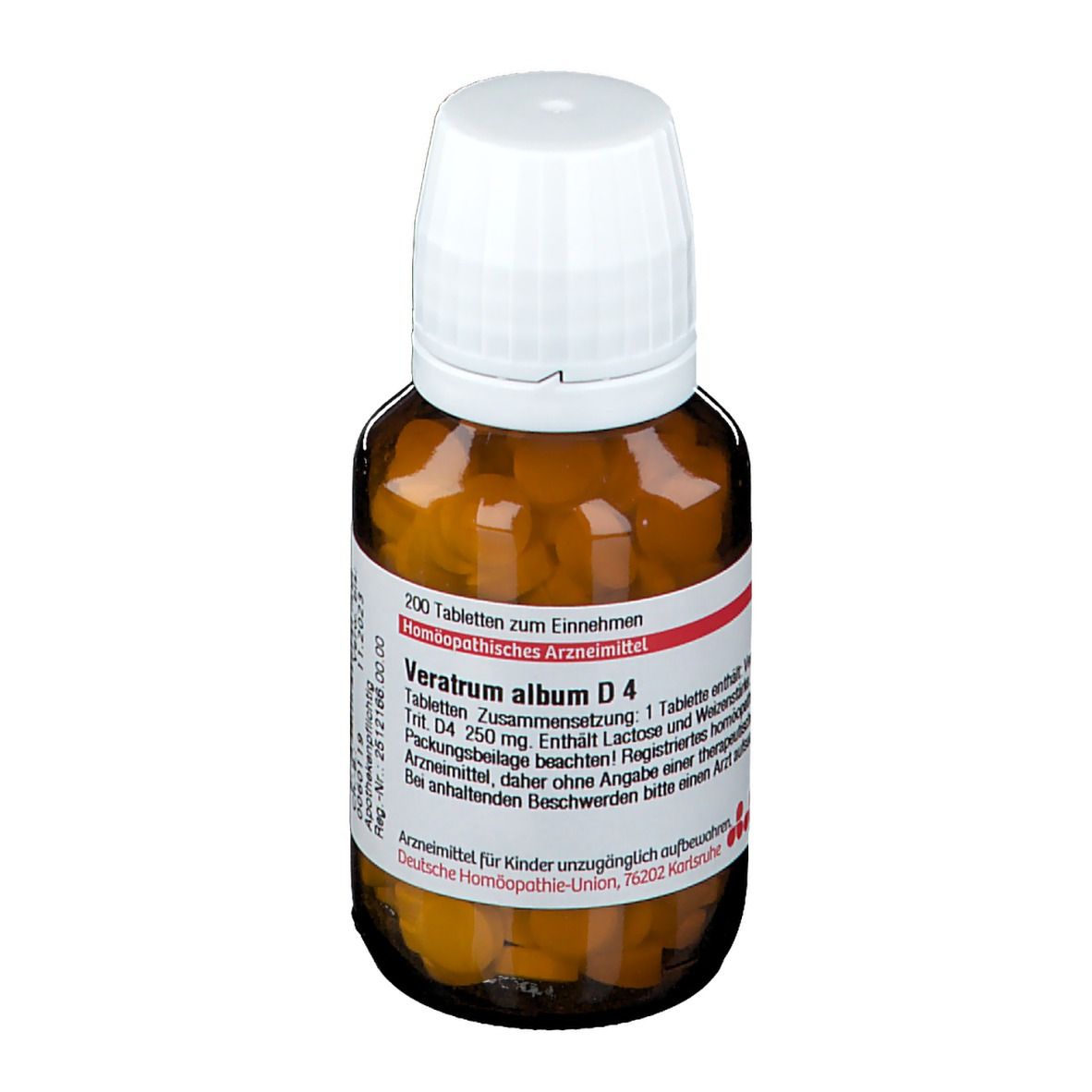 Braune Glasflasche mit weißen Deckel, gefüllt mit Tabletten. Etikett mit Produktinformationen: Veratrum album D4.