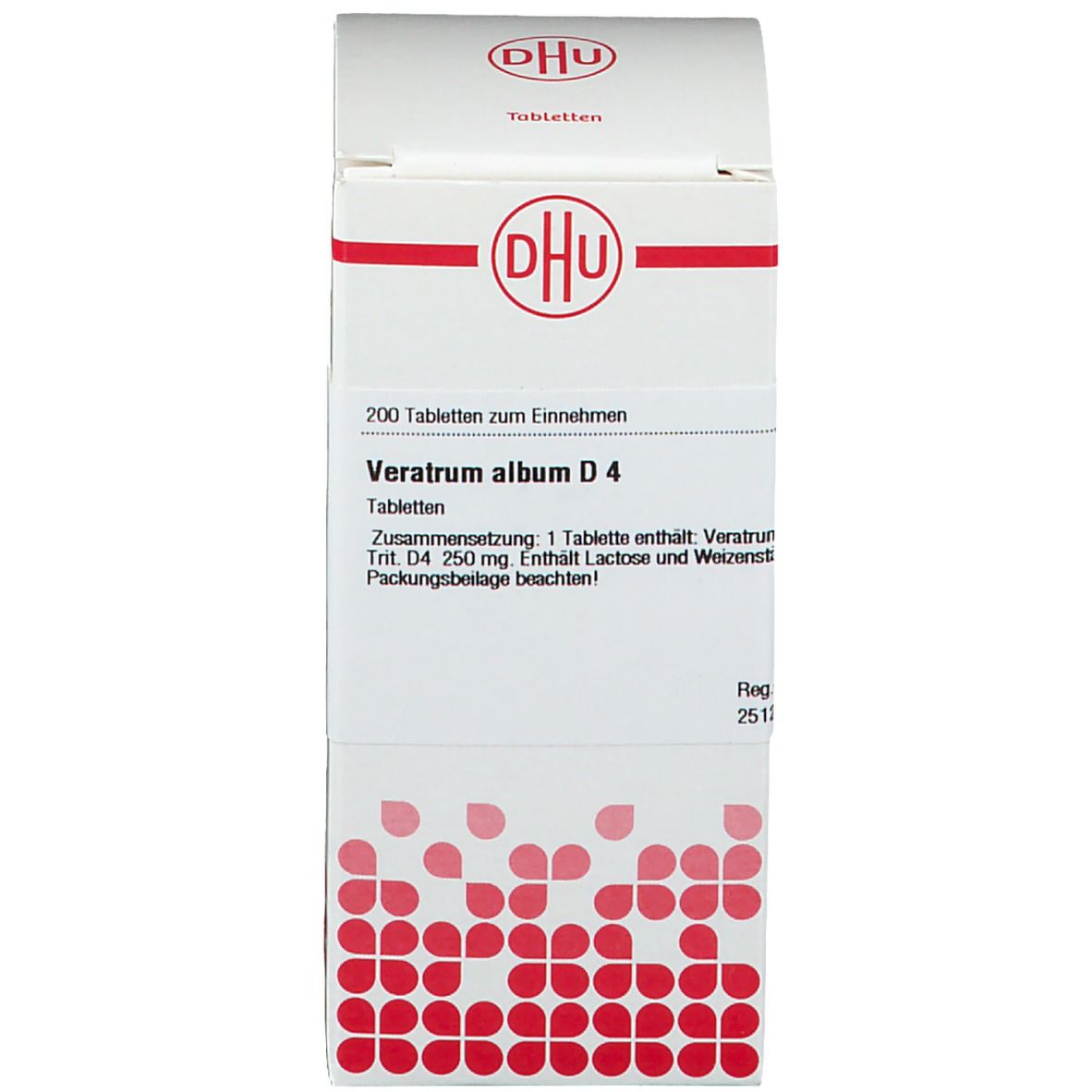 Weiße Schachtel mit rotem Logo und Text: Veratrum album D4. Enthält 200 Tabletten.