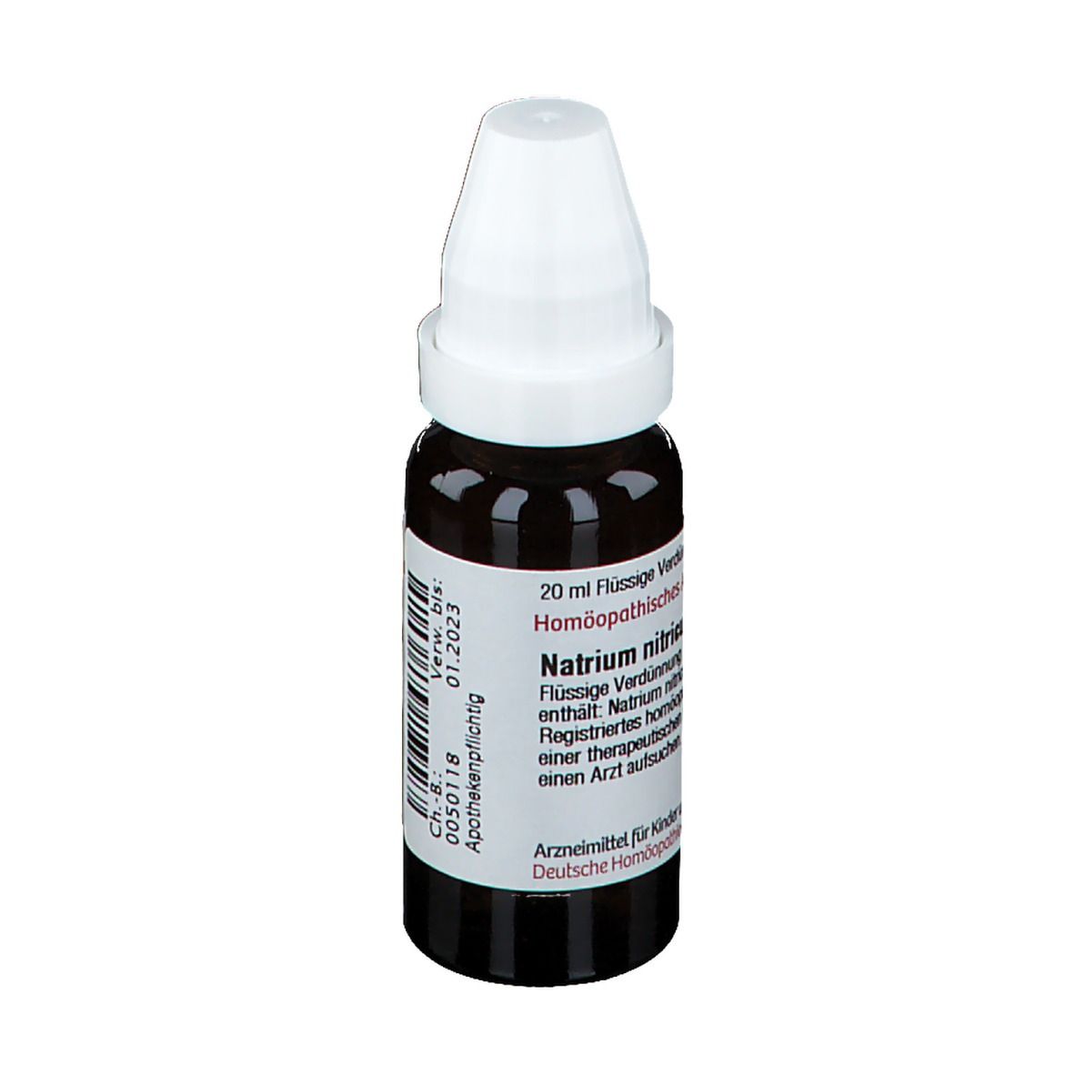 Braune Tropfflasche mit weißem Verschluss. Etikett mit Produktnamen, 20 ml, und weiteren Informationen.