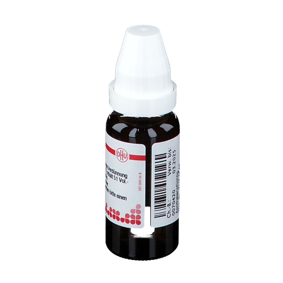 Braune Glasflasche mit weißem Deckel. Etikett mit Text: DHU, Verwendbar bis 03.2025. Barcode.