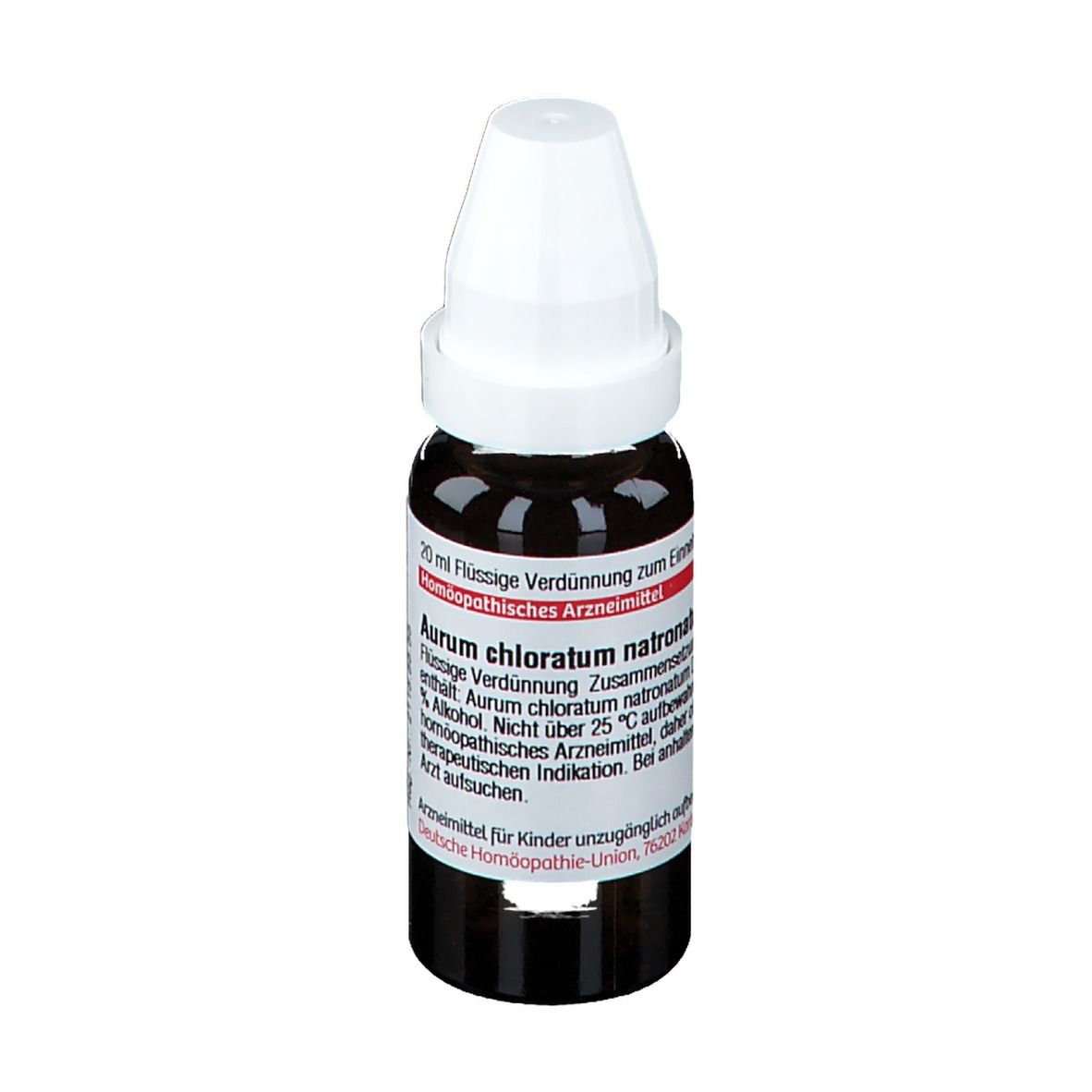 Braune Glasflasche mit weißem Deckel. Etikett mit Text: Aurum chloratum natronatum, 20 ml. DHU-Logo.