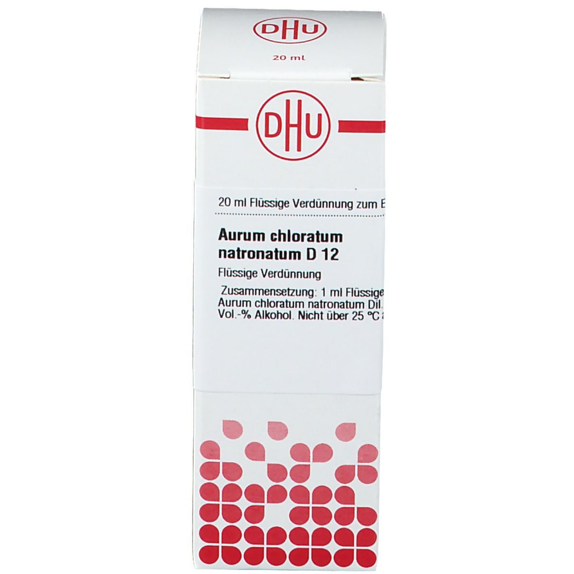 Weiße Produktverpackung. DHU-Logo und Produktname: Aurum chloratum natronatum D 12. Rote Streifen.