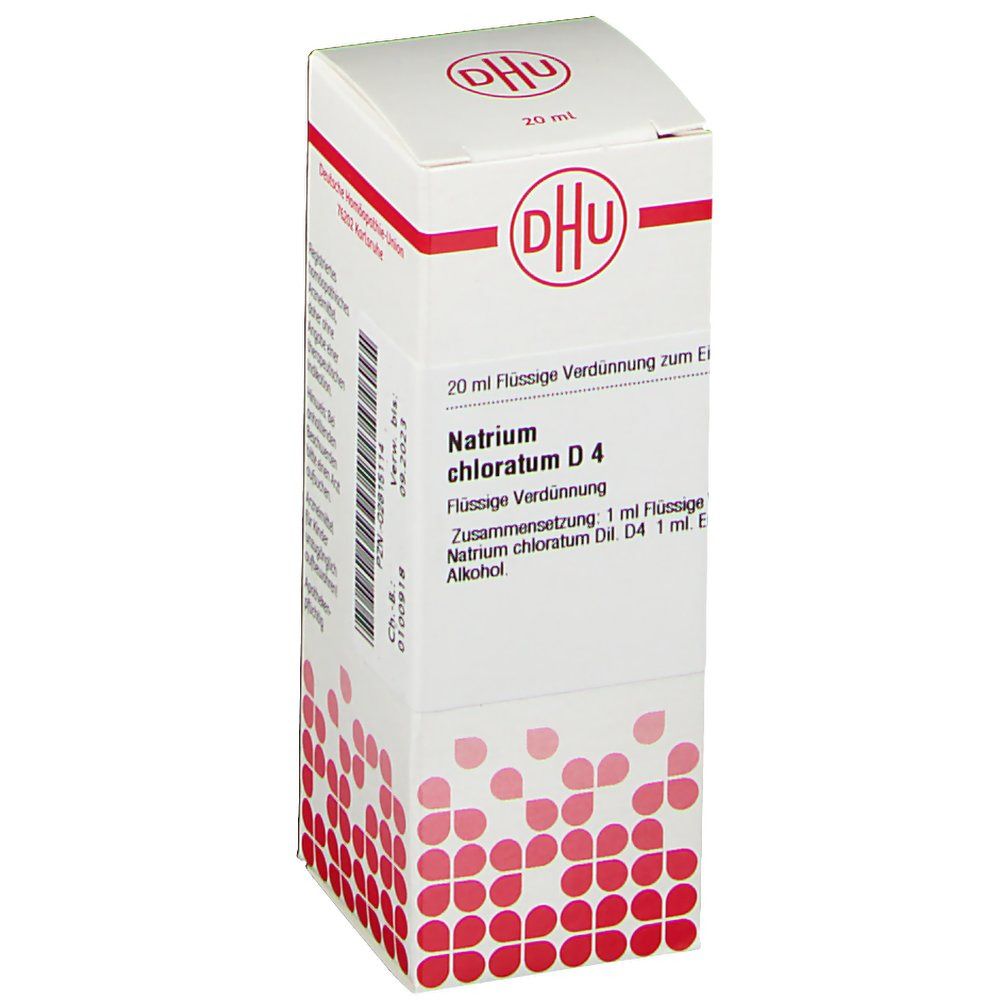 Weiße Faltschachtel mit rotem DHU-Logo und Schriftzug. Text: Natrium chloratum D4, 20 ml flüssige Verdünnung. Rote, florale Muster.