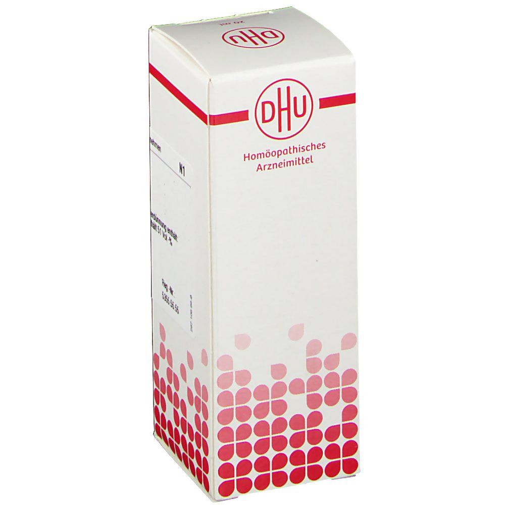 Weiße Faltschachtel mit rotem DHU-Logo. Text: Homöopathisches Arzneimittel. Rote, florale Muster am unteren Teil der Verpackung.