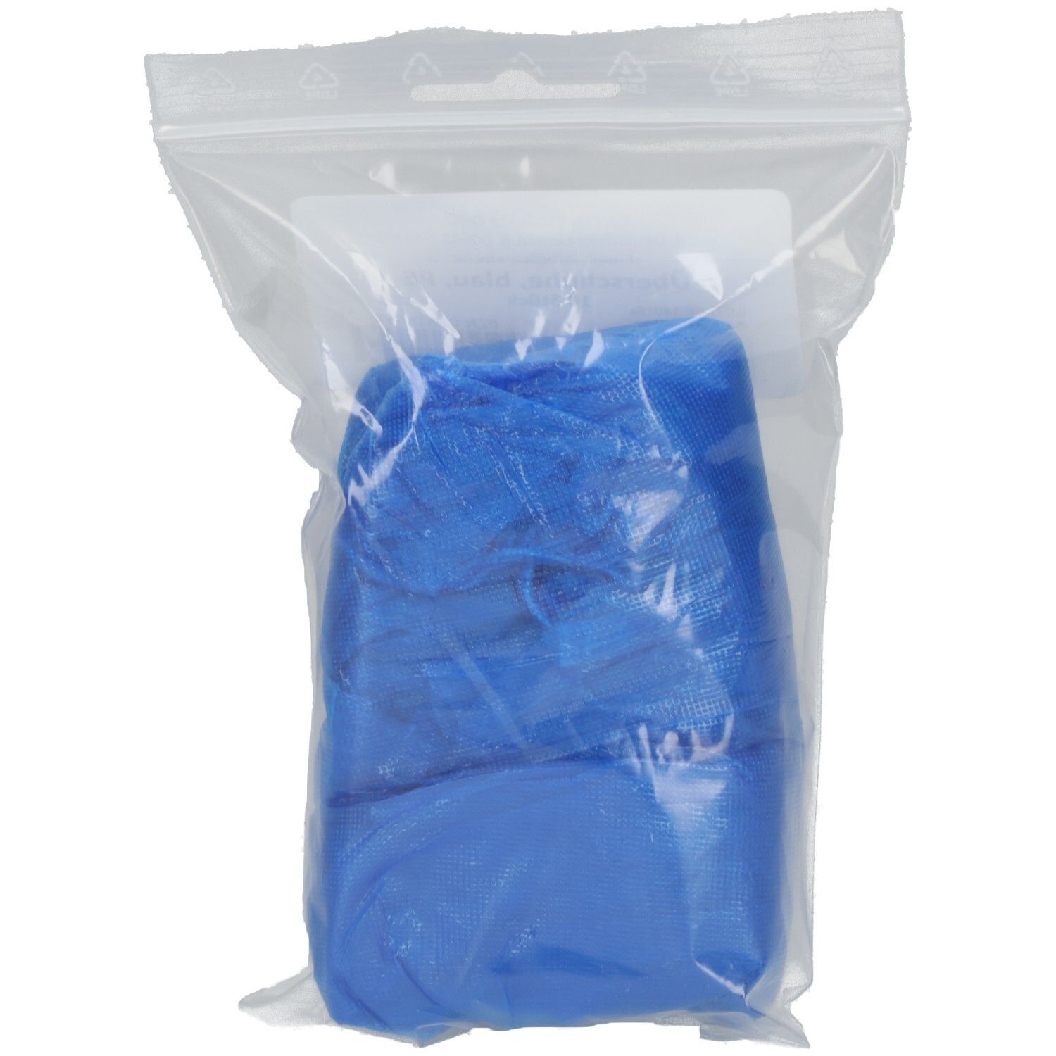 Blaue Überschuhe in transparenter Plastikverpackung. Die Überschuhe sind gefaltet und teilweise sichtbar.