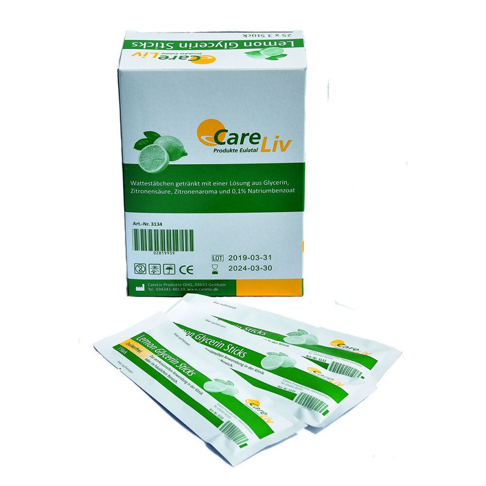 Verpackung mit CareLiv Mundpflegestäbchen Zitrone. Auf der Verpackung sind Zitronen abgebildet. Darunter liegen drei Einzelverpackungen.