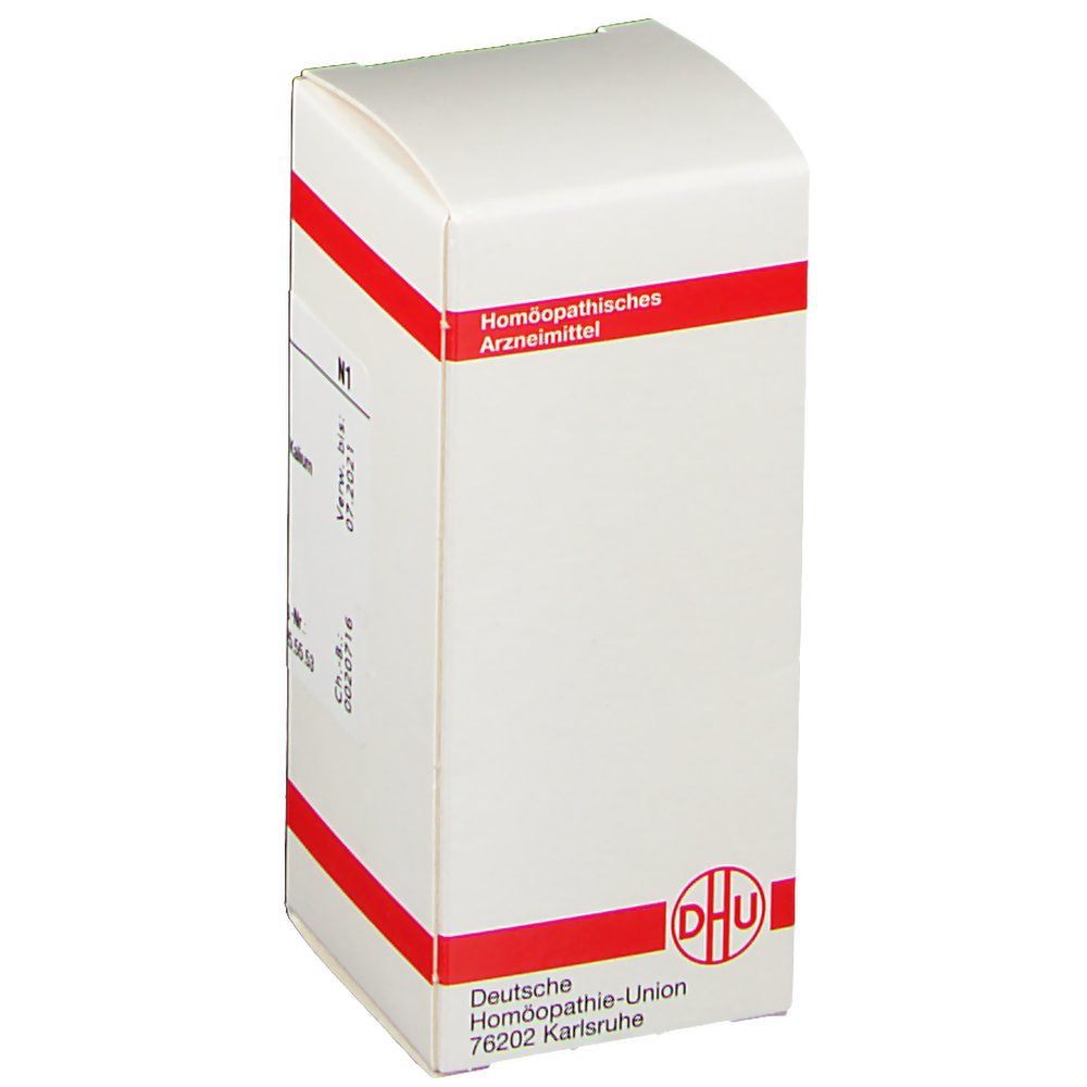 Weiße Faltschachtel mit roter Umrandung. Aufdruck: Homöopathisches Arzneimittel, DHU Logo, Deutsche Homöopathie-Union.