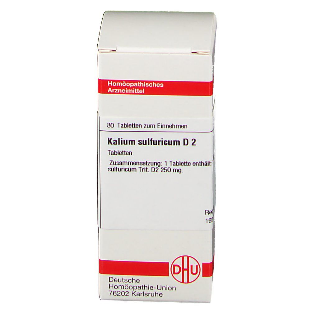 Weiße Faltschachtel mit roter Umrandung. Aufdruck: 80 Tabletten zum Einnehmen, Kalium sulfuricum D2, DHU Logo, Deutsche Homöopathie-Union.