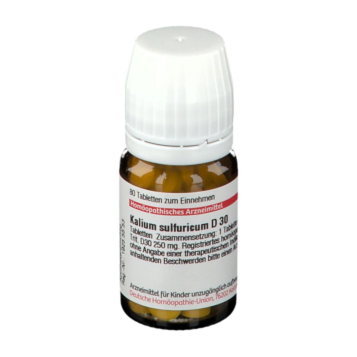 Braune Glasflasche mit weißem Deckel. Etikett mit Produktnamen und Informationen. Enthält Tabletten.