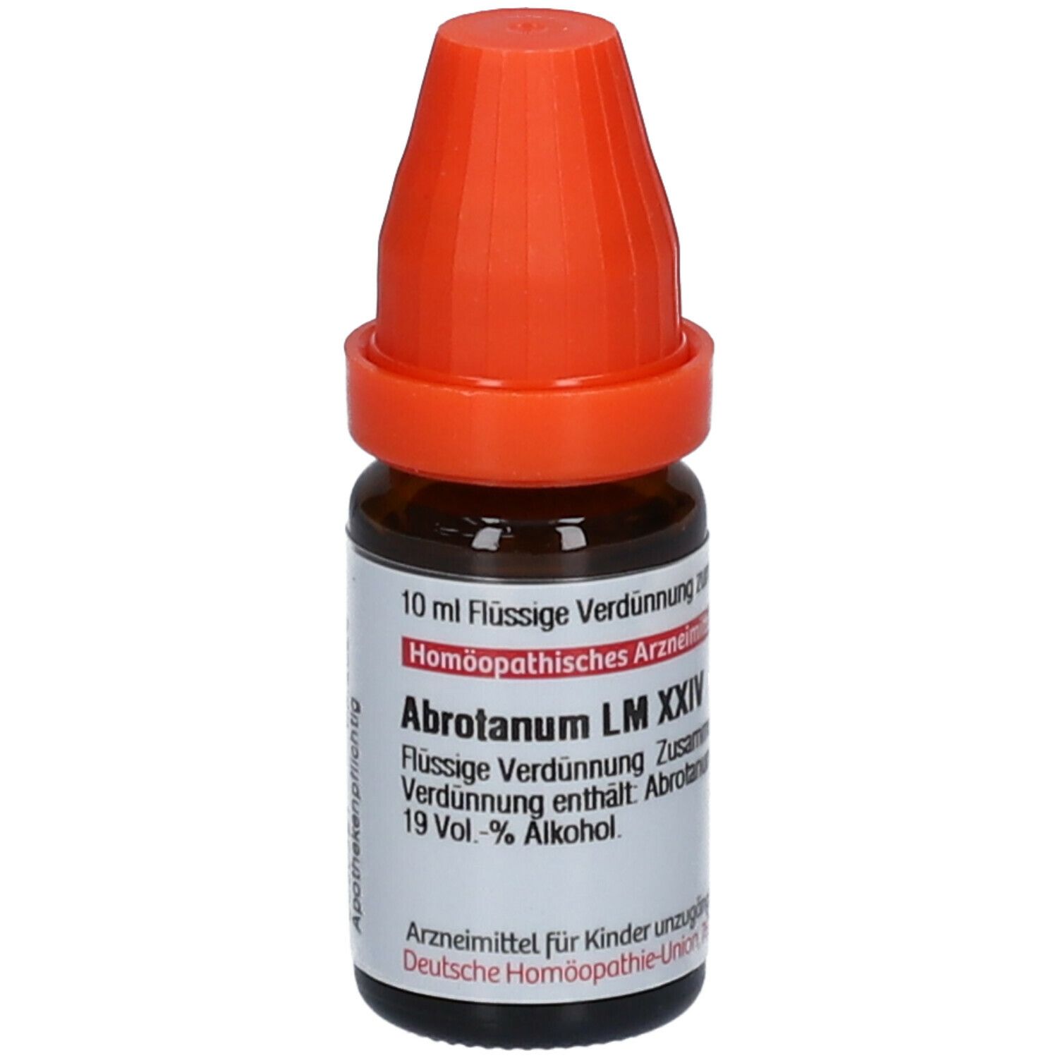 Braune Glasflasche mit orangefarbenem Verschluss. Beschriftung: Abrotanum LM XXIV, 10 ml Flüssige Verdünnung.