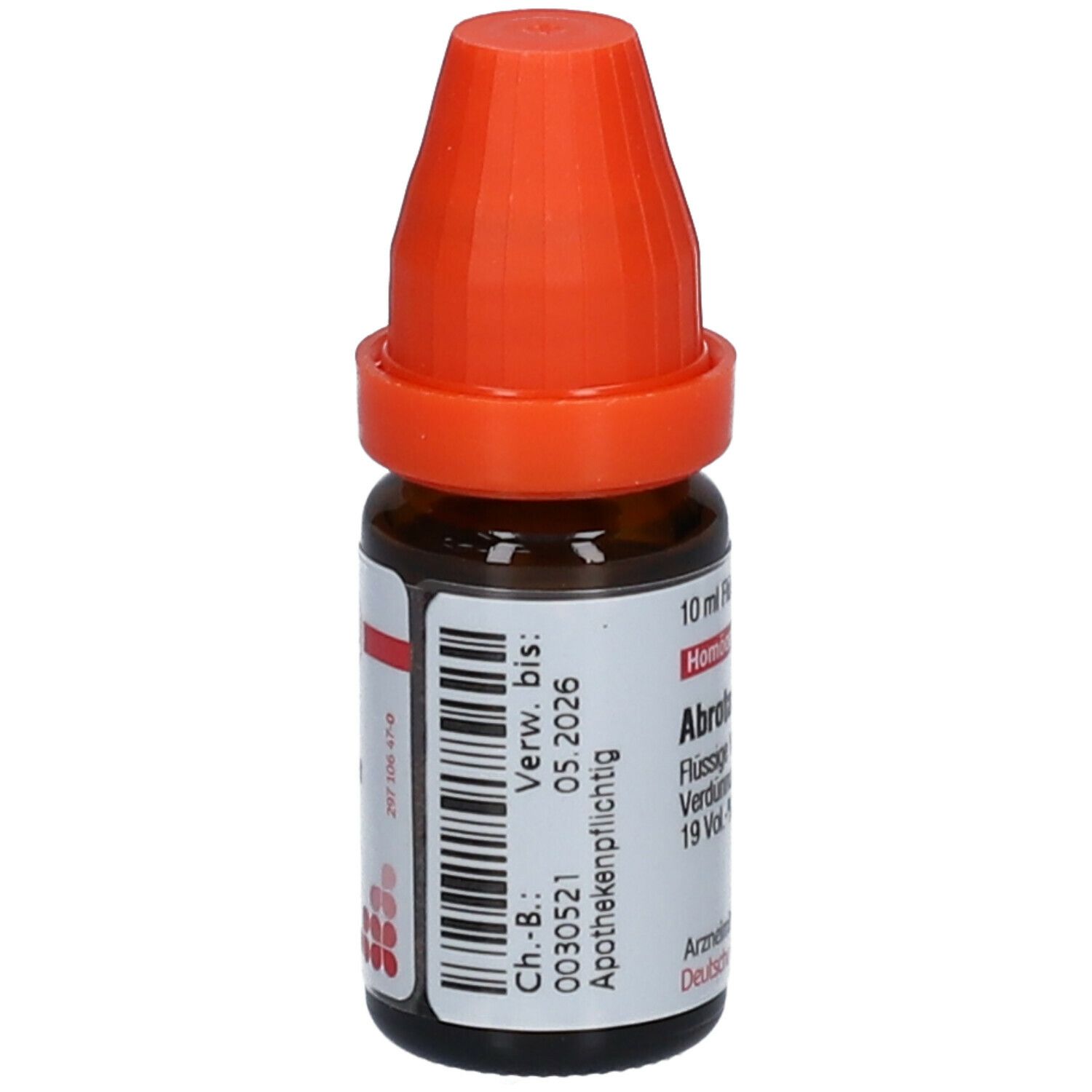 Braune Glasflasche mit orangefarbenem Verschluss. Etikett mit Barcode und Aufschrift: Abrotanum LM XXIV, 10 ml.