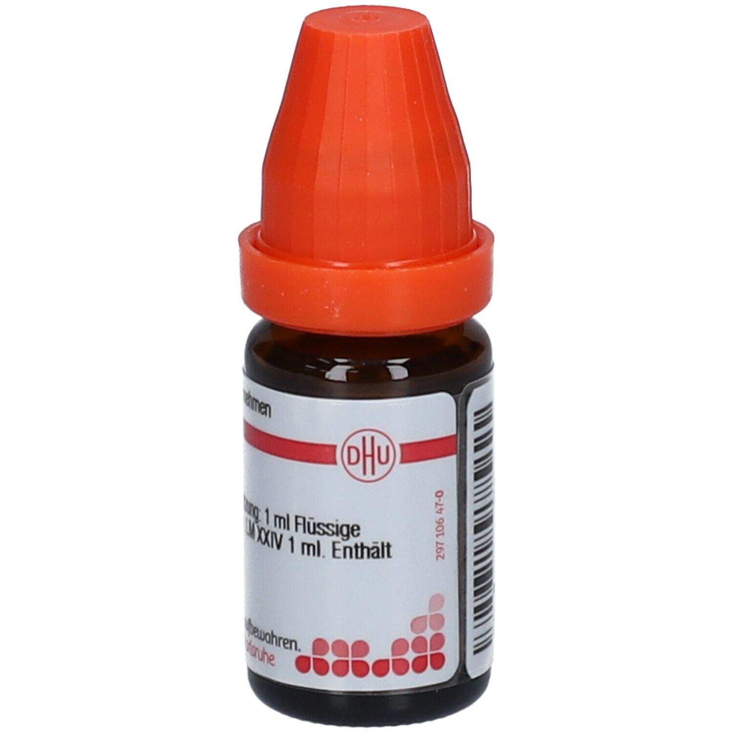 Braune Glasflasche mit orangefarbenem Verschluss. Beschriftung: DHU, Abrotanum LM XXIV, 1 ml Flüssige Verdünnung.
