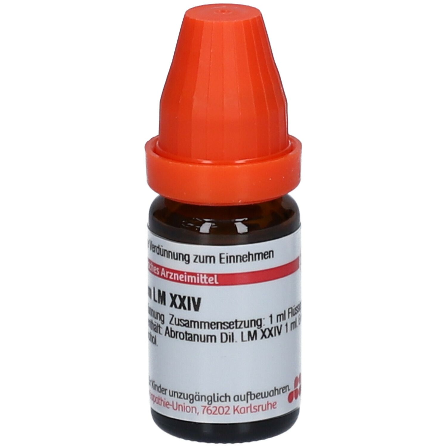 Braune Glasflasche mit orangefarbenem Verschluss. Beschriftung: Abrotanum LM XXIV, 1 ml Flüssige Verdünnung.
