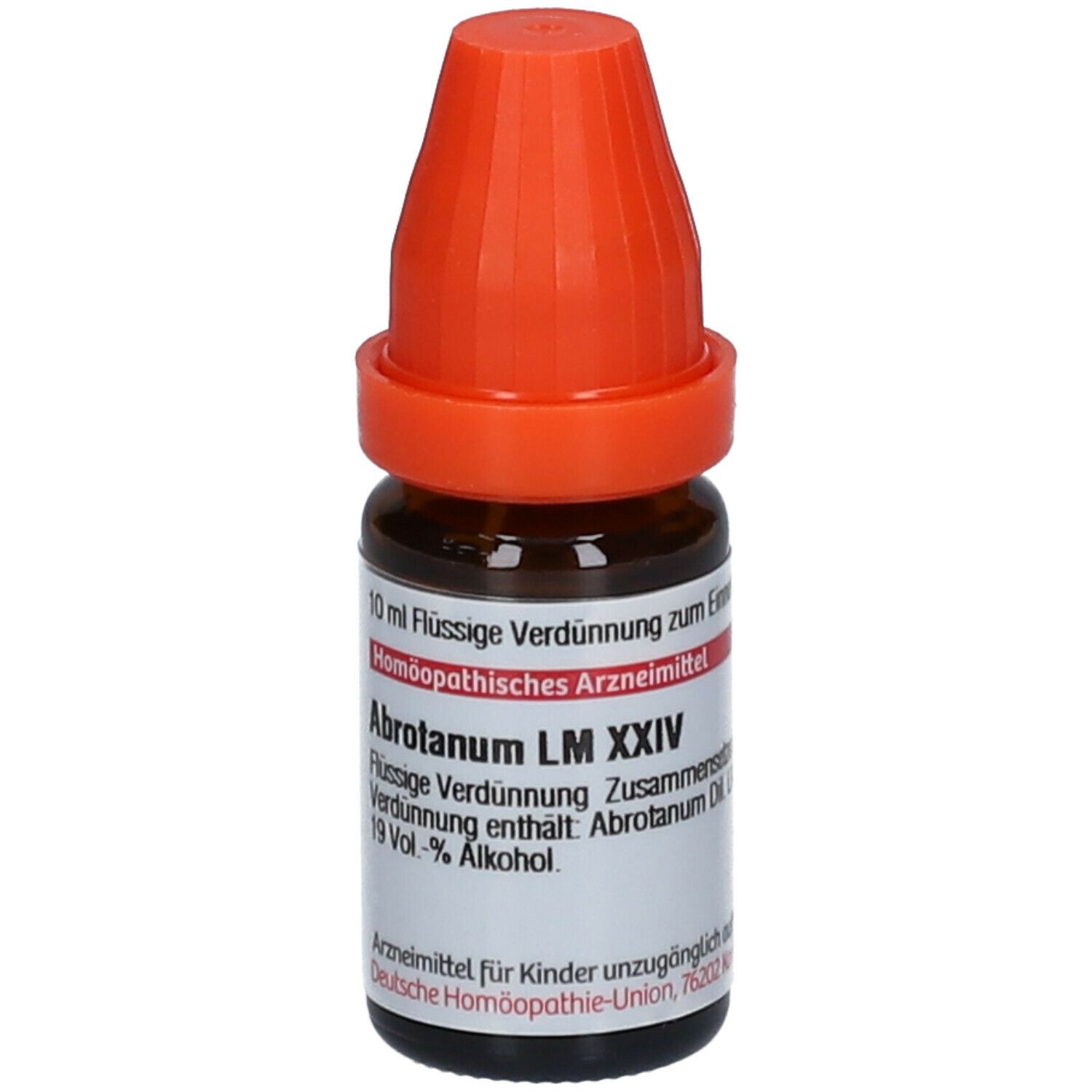 Braune Glasflasche mit orangefarbenem Verschluss. Beschriftung: Abrotanum LM XXIV, 10 ml Flüssige Verdünnung.