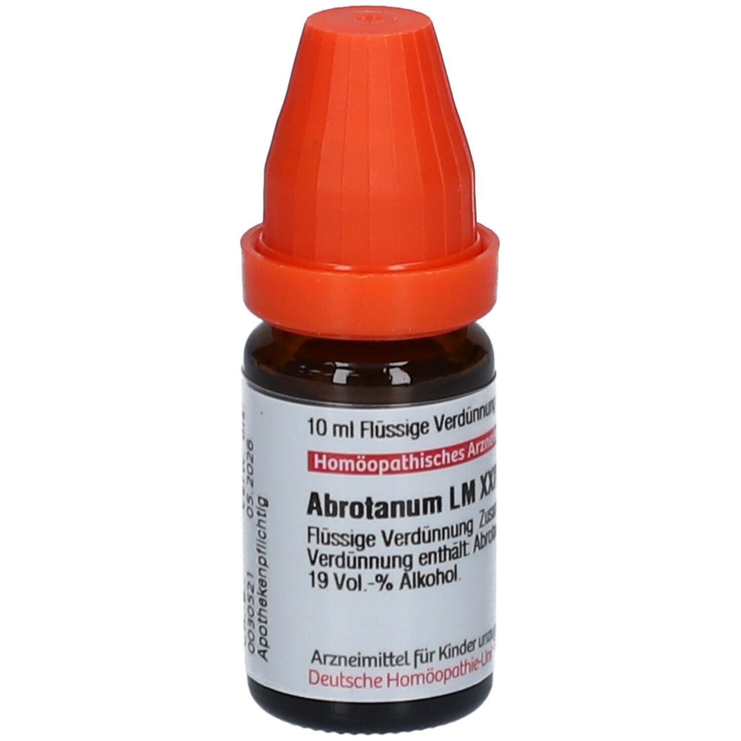 Braune Glasflasche mit orangefarbenem Verschluss. Beschriftung: Abrotanum LM XXIV, 10 ml Flüssige Verdünnung.