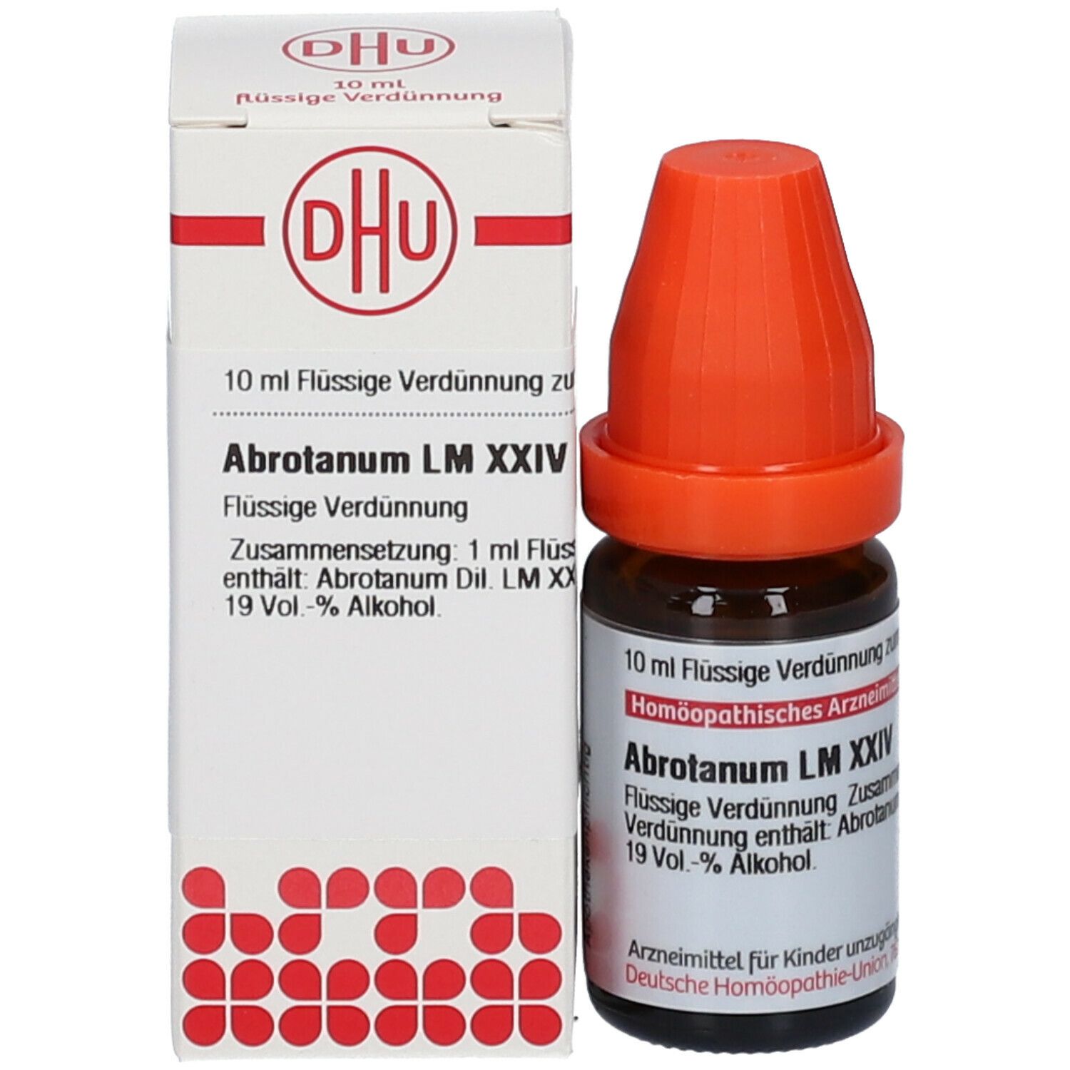 Braune Glasflasche mit orangefarbenem Verschluss neben weißer Schachtel. Beschriftung: DHU, Abrotanum LM XXIV, 10 ml.