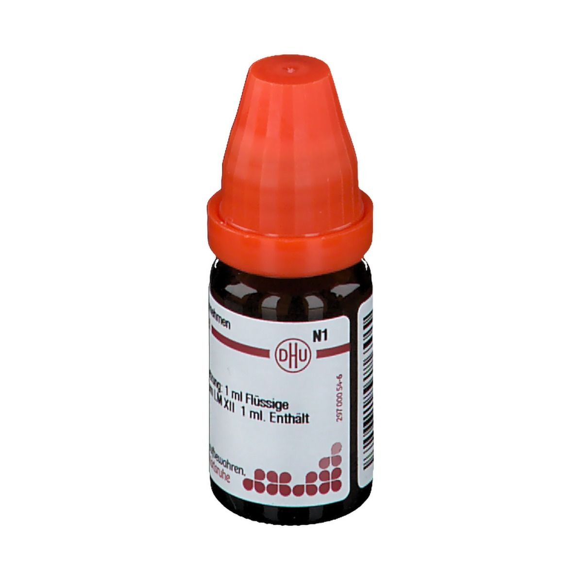 Braune Glasflasche mit rotem Verschluss. Beschriftung: DHU, N1, Acidum nitricum LM XII, Flüssige Verdünnung, 1 ml enthält.