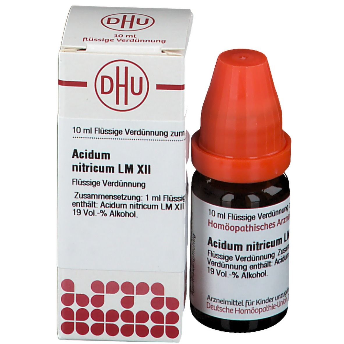 Produktflasche und Verpackung. Flasche: braunes Glas, roter Verschluss. Verpackung: weiß, DHU Logo, Produktname, Inhaltsangabe.