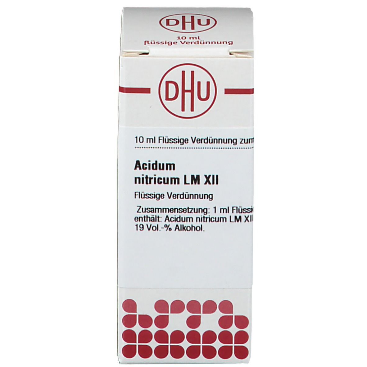 Produktverpackung. Weißer Karton mit DHU Logo, Produktname, Inhaltsangabe. Flasche: braunes Glas, roter Verschluss.