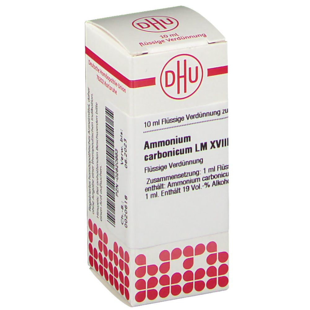 Weiße Schachtel mit rotem DHU-Logo und Text. Beschriftung: Ammonium carbonicum LM XVIII, 10 ml flüssige Verdünnung.