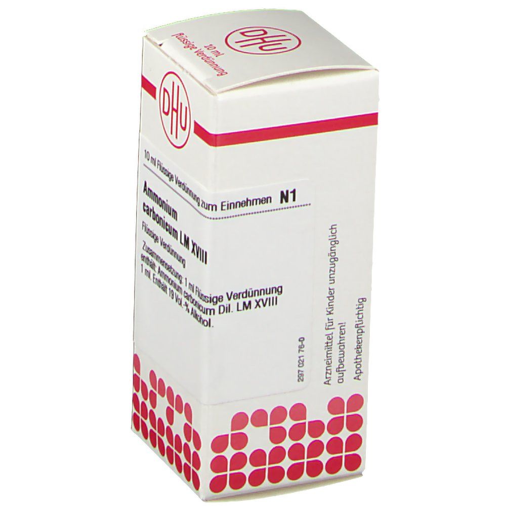 Weiße Schachtel mit rotem DHU-Logo. Text: Ammonium carbonicum LM XVIII, 10 ml flüssige Verdünnung. Aufschrift: Für Kinder unzugänglich aufbewahren.