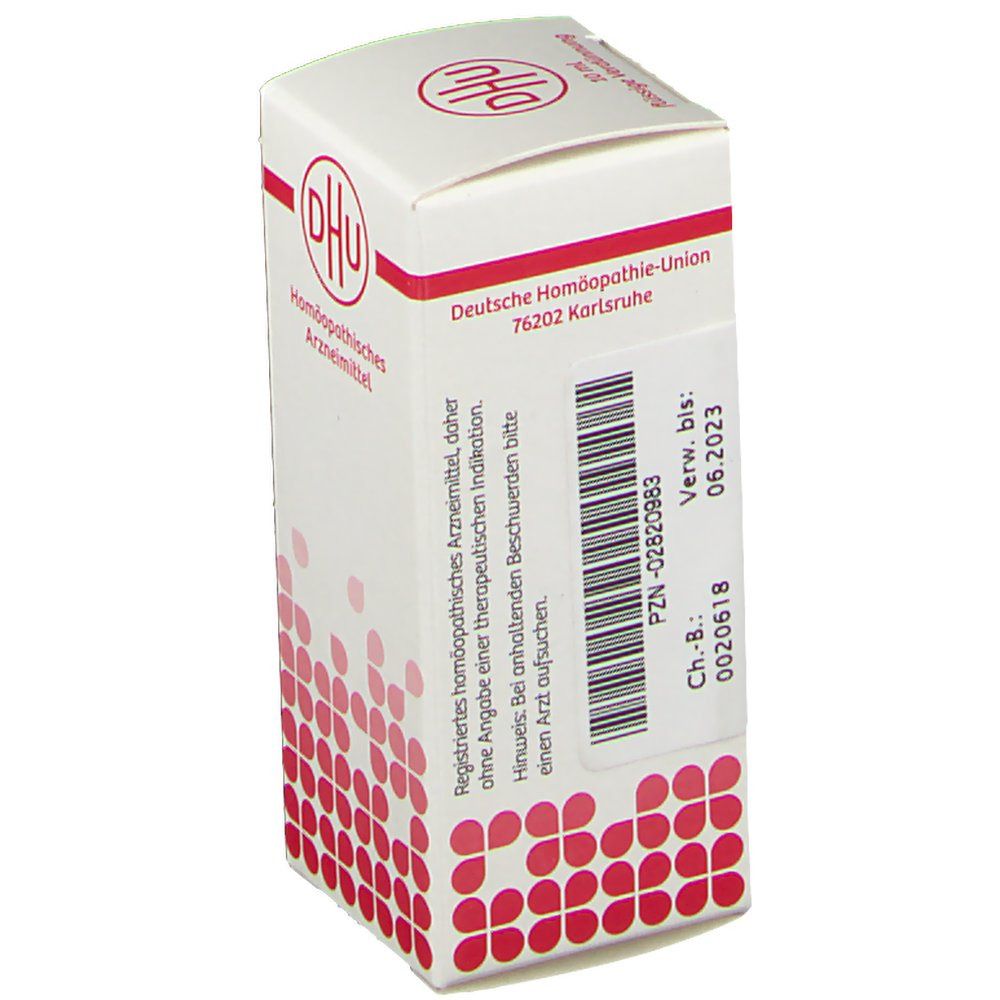 Weiße Schachtel mit rotem DHU-Logo. Text: Deutsche Homöopathie-Union. Barcode und Verfallsdatum 06.2023.