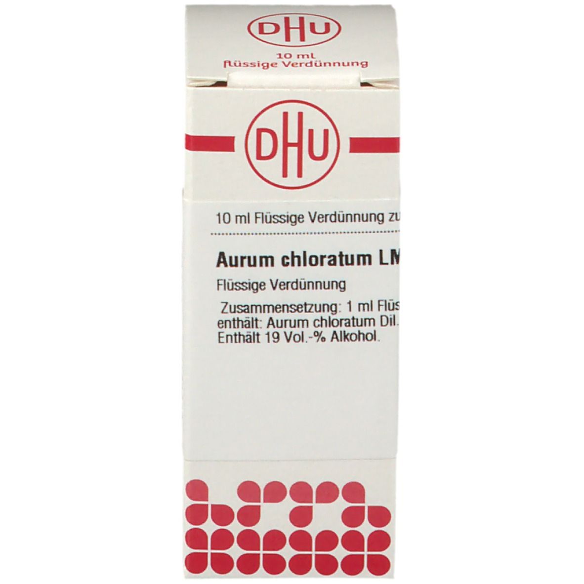 Weiße Verpackung mit DHU Logo. Beschriftung: 10 ml Flüssige Verdünnung zu Aurum chloratum LM VI.