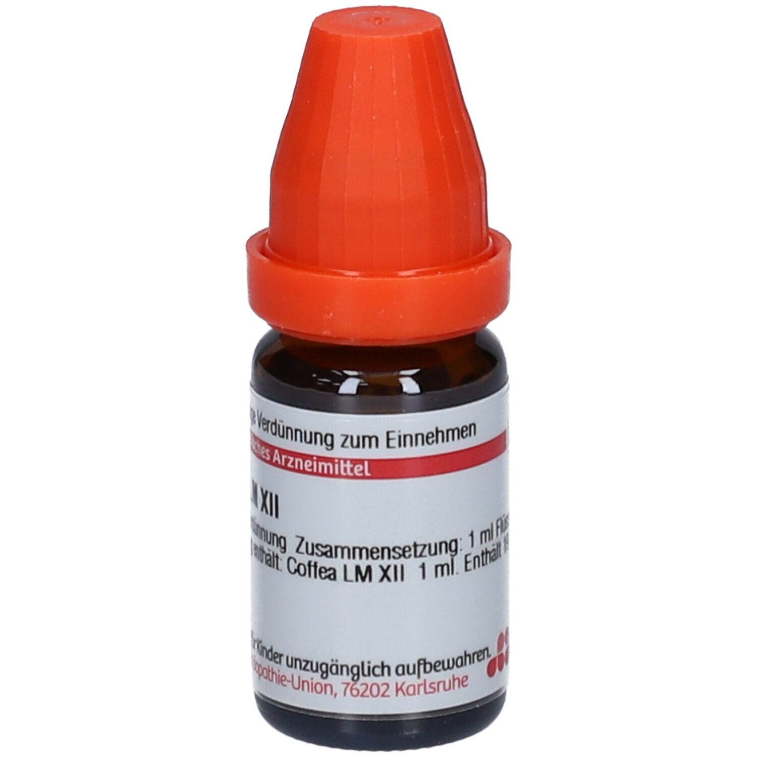 Braune Glasflasche mit orangefarbenem Verschluss. Beschriftung: DHU, Coffea LM XII, Flüssige Verdünnung, Arzneimittel.