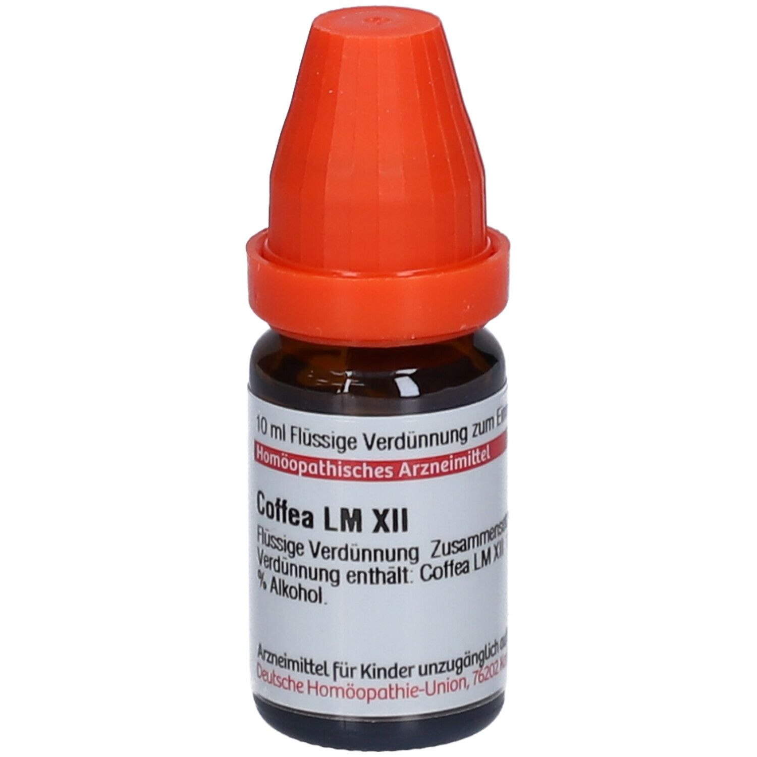 Braune Glasflasche mit orangefarbenem Verschluss. Beschriftung: Coffea LM XII, 10 ml Flüssige Verdünnung, Homöopathisches Arzneimittel.