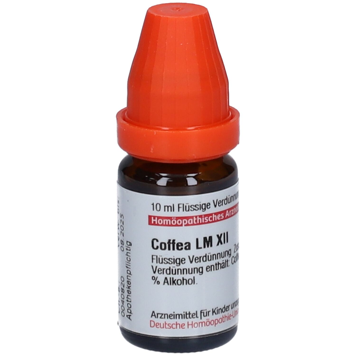 Braune Glasflasche mit orangefarbenem Verschluss. Beschriftung: Coffea LM XII, 10 ml Flüssige Verdünnung, Apothekenpflichtig.