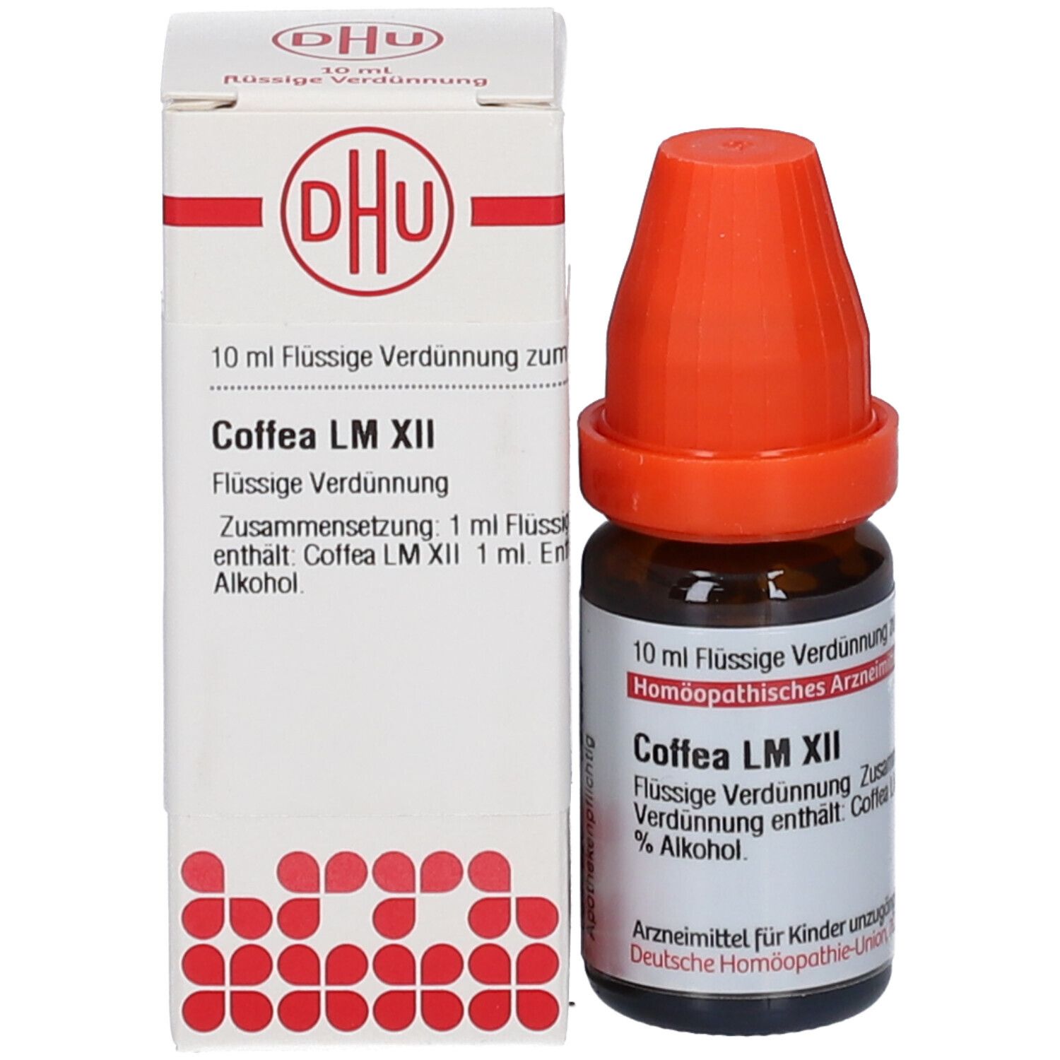 Produktverpackung: Flasche mit orangefarbenem Verschluss und Karton. Beschriftung: DHU, Coffea LM XII, 10 ml Flüssige Verdünnung.