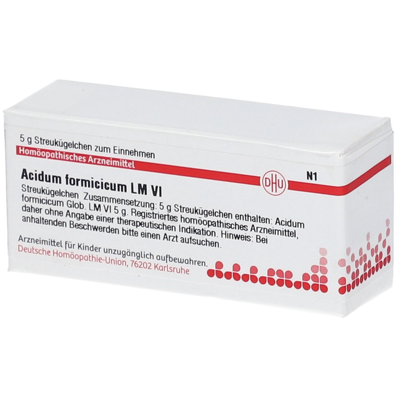 Weiße Schachtel mit roter Schrift und DHU-Logo. Beschriftung: Acidum formicicum LM VI. Enthält Streukügelchen.