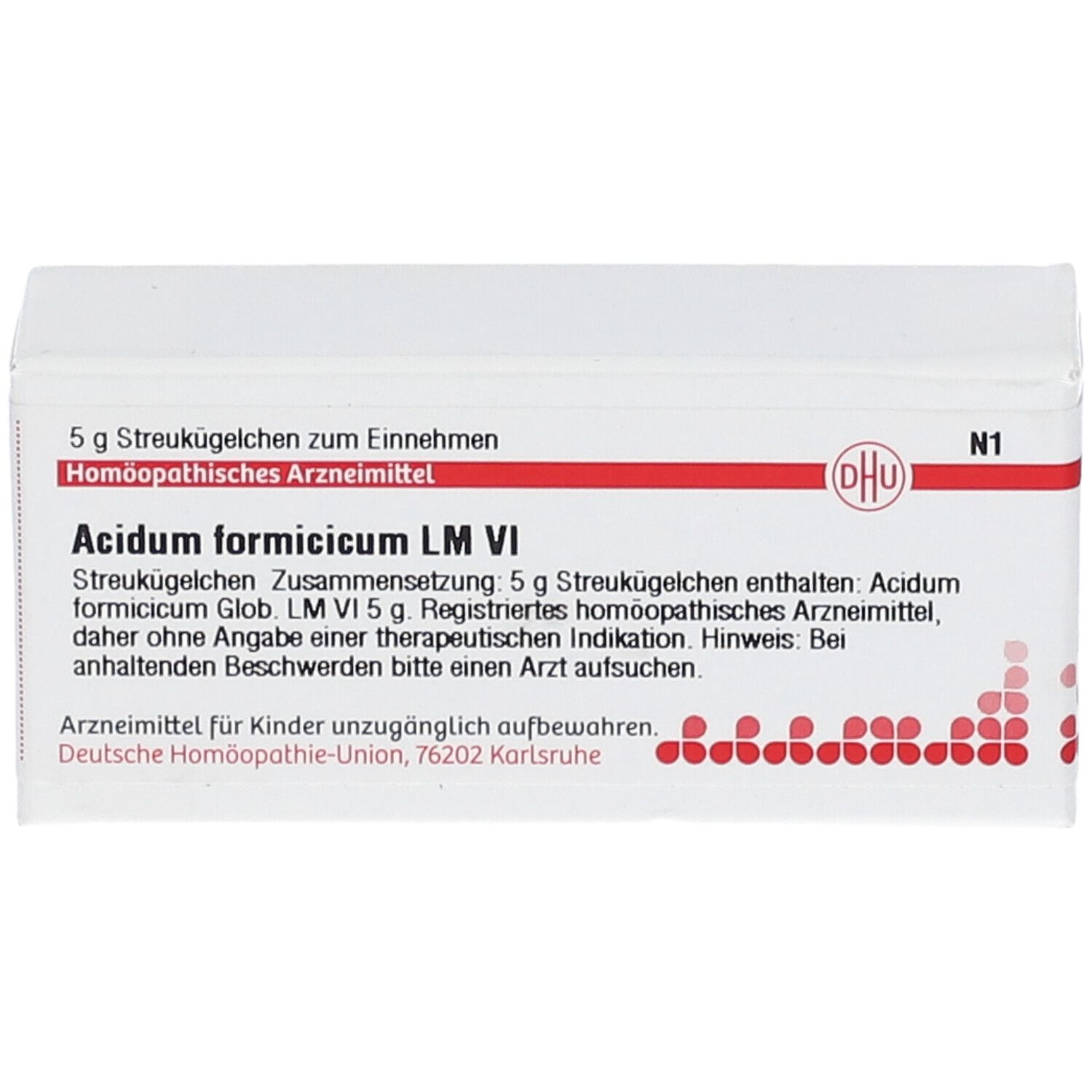 Weiße Schachtel mit roter Schrift und DHU-Logo. Beschriftung: Acidum formicicum LM VI. Enthält Streukügelchen.