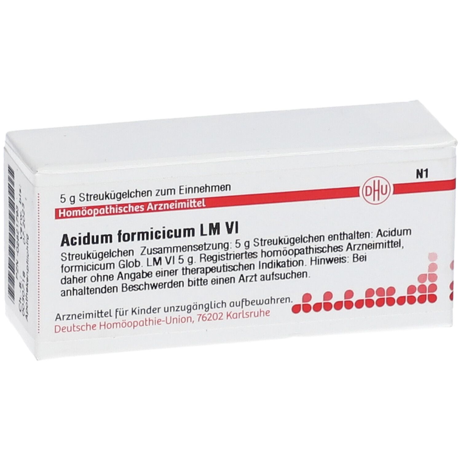 Weiße Schachtel mit roter Schrift und DHU-Logo. Beschriftung: Acidum formicicum LM VI. Enthält Streukügelchen.