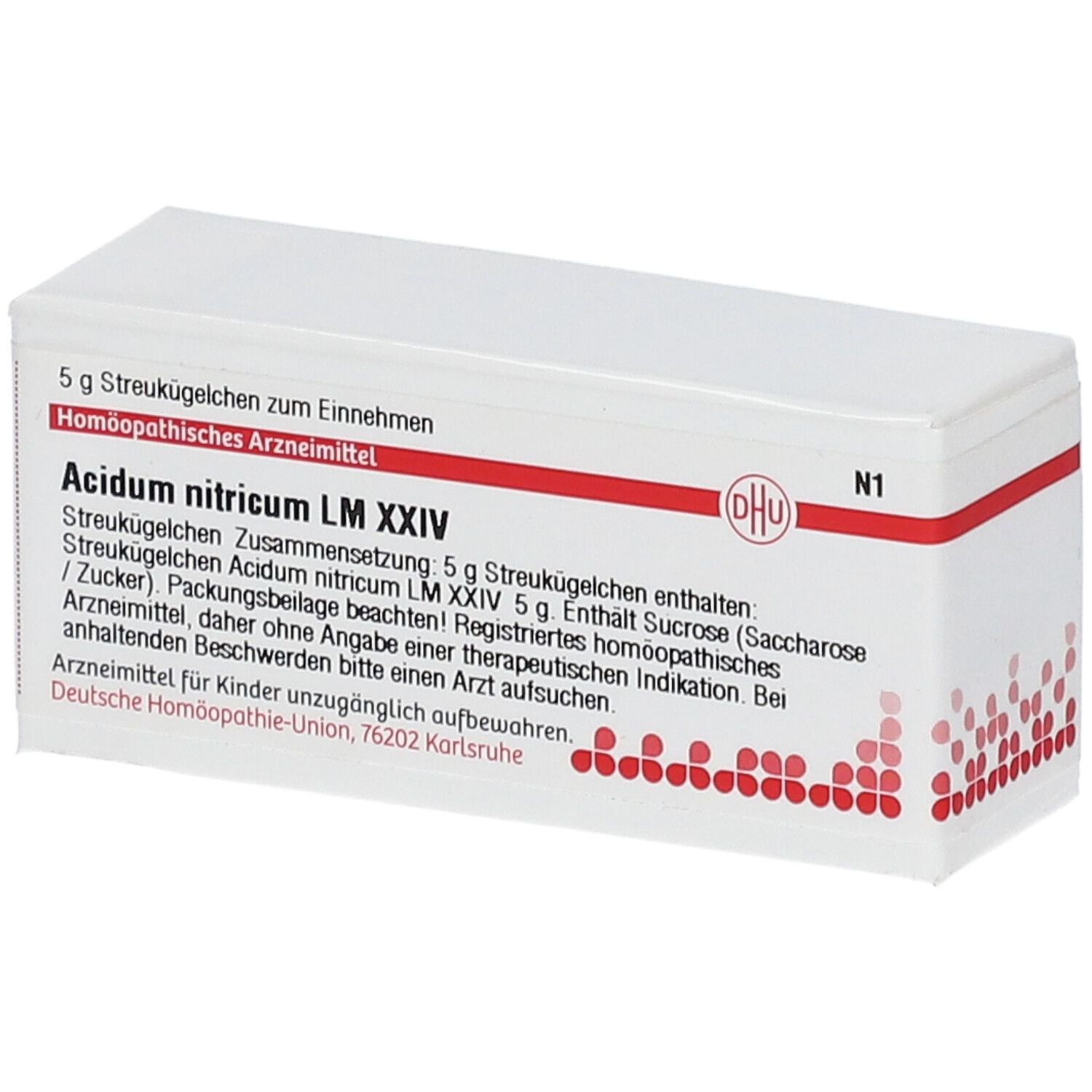 Weiße Schachtel mit roter Schrift und DHU-Logo. Beschriftung: Acidum nitricum LM XXIV, 5 g Streukügelchen.