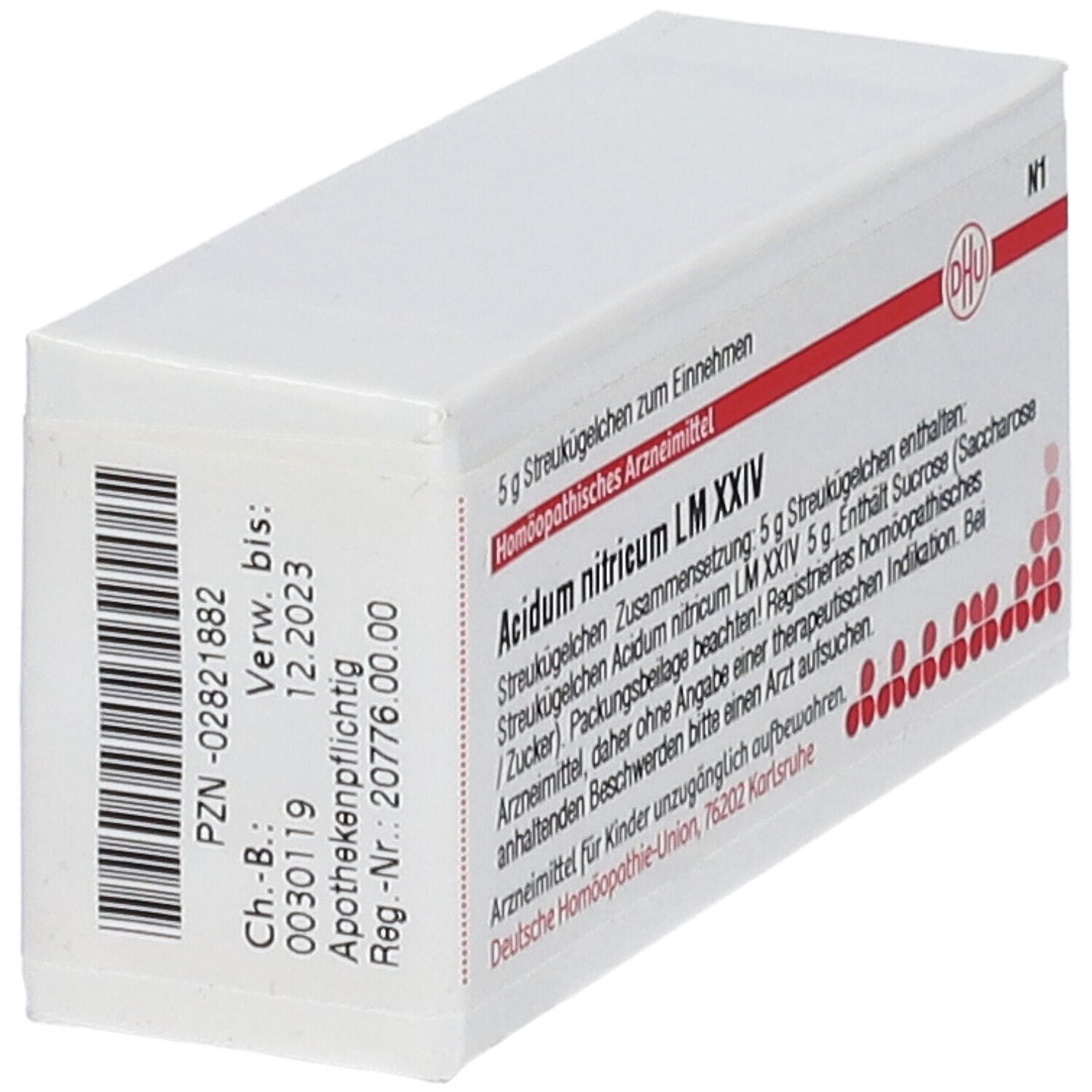Weiße Schachtel mit roter Schrift und DHU-Logo. Beschriftung: Acidum nitricum LM XXIV, 5 g Streukügelchen. Barcode.