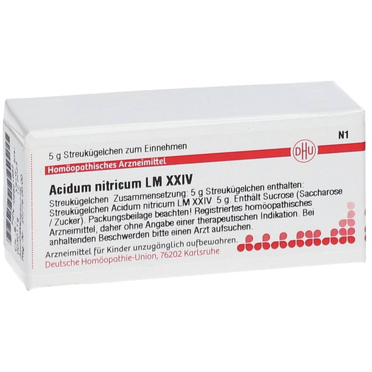 Weiße Schachtel mit roter Schrift und DHU-Logo. Beschriftung: Acidum nitricum LM XXIV, 5 g Streukügelchen.